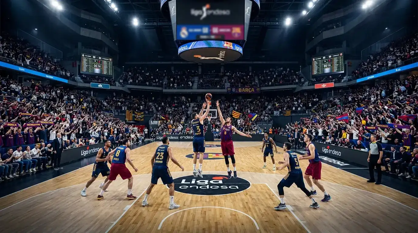 Partido de baloncesto ACB en un pabellón con aficionados animando y jugadores en acción sobre cancha de parqué