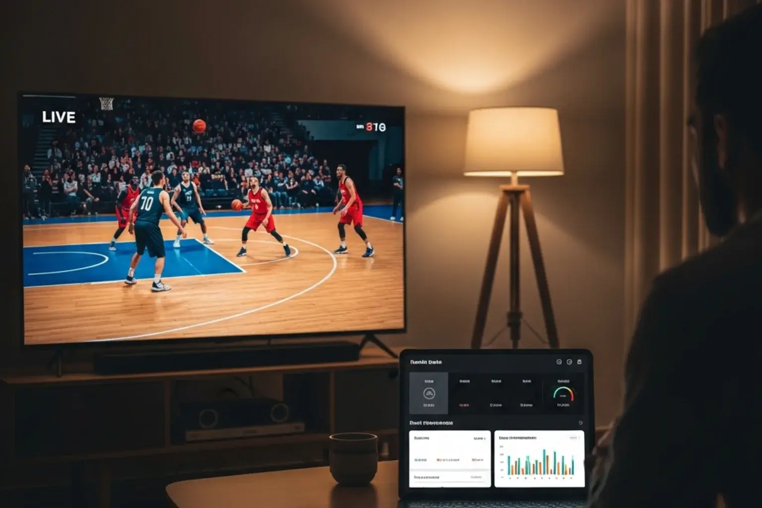 Pantalla mostrando un partido de baloncesto ACB en directo junto a estadísticas en tiempo real