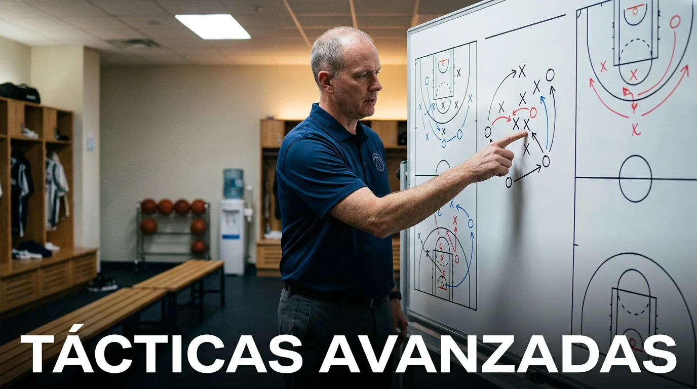 Estrategias apuestas baloncesto ACB — entrenador analizando jugadas en pizarra táctica
