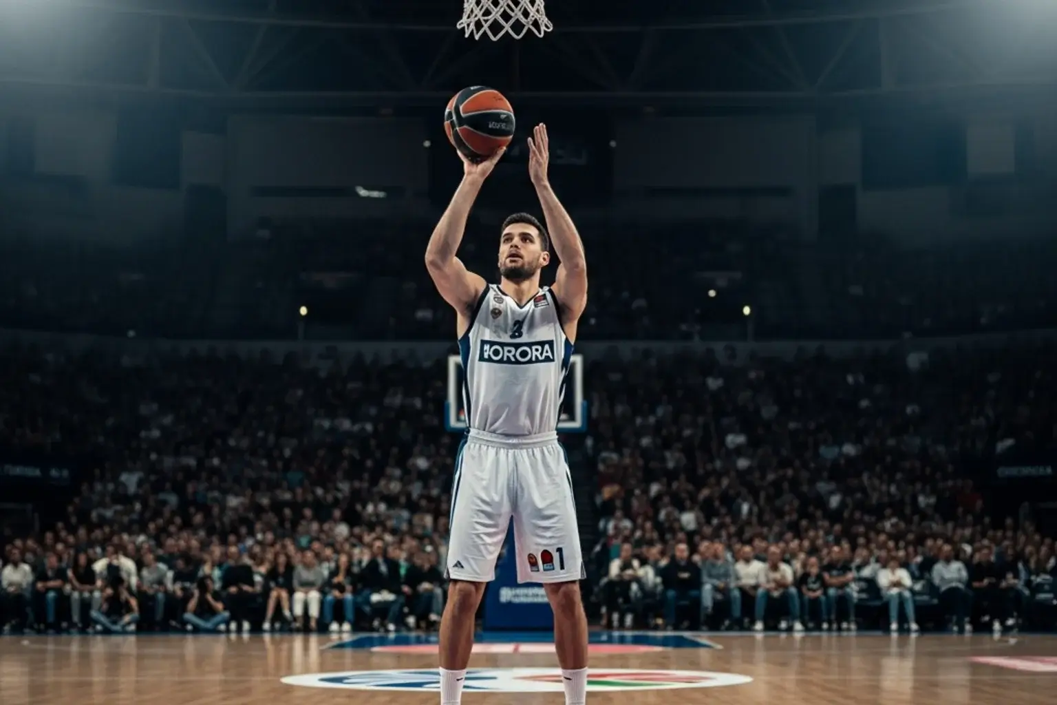 Jugador de baloncesto ACB ejecutando un tiro libre en su pabellón con la grada de fondo