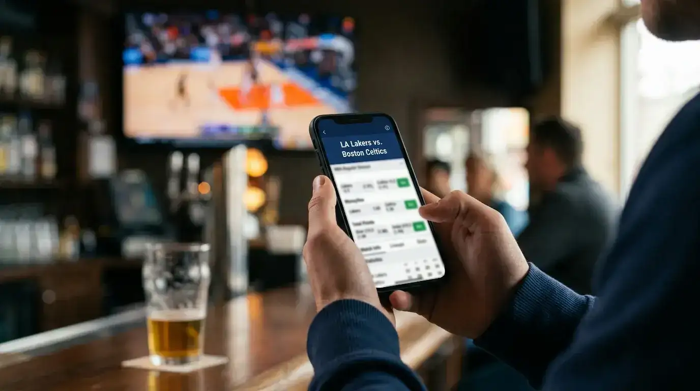 Persona consultando cuotas y mercados de apuestas de baloncesto en su teléfono móvil