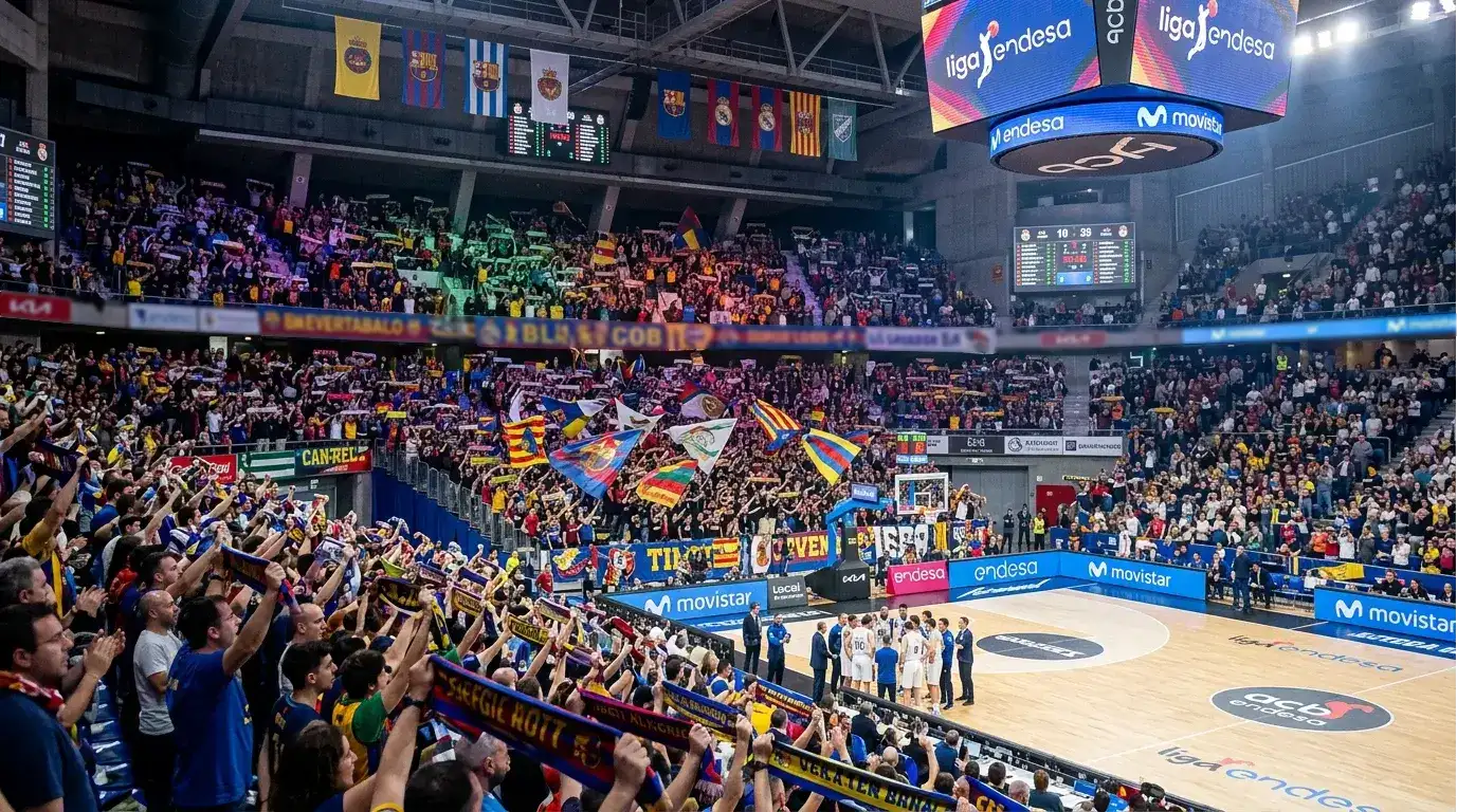 Pabellón de baloncesto ACB lleno de aficionados con banderas y bufandas de sus equipos favoritos