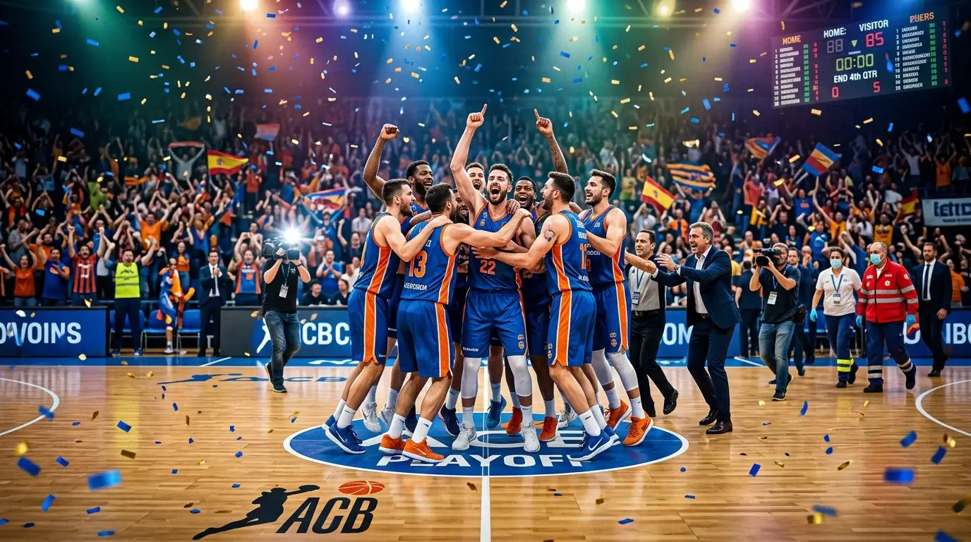Equipo de baloncesto ACB celebrando una victoria en playoffs con los jugadores abrazándose en el centro de la cancha